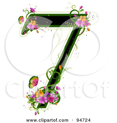 Royalty-Free (RF) Clipart Illustration of a Black Number 7, Outlined In Green, With Colorful Flowers And Butterflies by BNP Design Studio