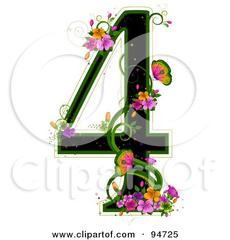 Royalty-Free (RF) Clipart Illustration of a Black Number 4, Outlined In Green, With Colorful Flowers And Butterflies by BNP Design Studio