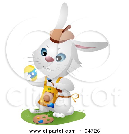 Royalty-Free (RF) Clipart Illustration of a White Hare Wearing An Apron And Painting Eggs For Easter by BNP Design Studio