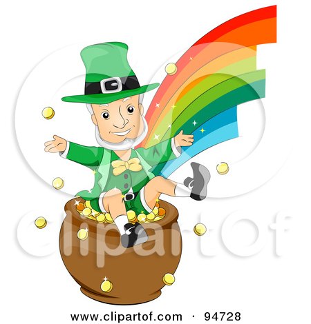 Royalty-Free (RF) Clipart Illustration of an Old Leprechaun Man Jumping In A Pot Of Gold At The End Of A Rainbow by BNP Design Studio