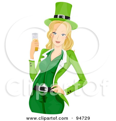 Royalty-Free (RF) Clipart Illustration of a Blond St Patricks Day Girl In Green, Holding A Beer by BNP Design Studio