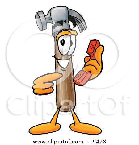 Clipart Picture of a Hammer Mascot Cartoon Character Holding a Telephone by Mascot Junction