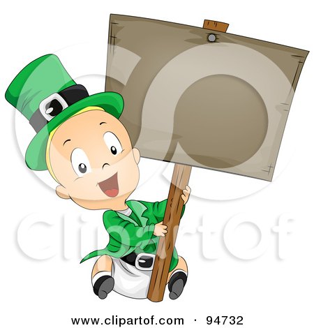 Royalty-Free (RF) Clipart Illustration of a Leprechaun Baby Holding Up A Blank Wooden Sign by BNP Design Studio
