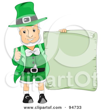 Royalty-Free (RF) Clipart Illustration of an Old Leprechaun Man Holding Up A Blank Green Scroll Sign by BNP Design Studio