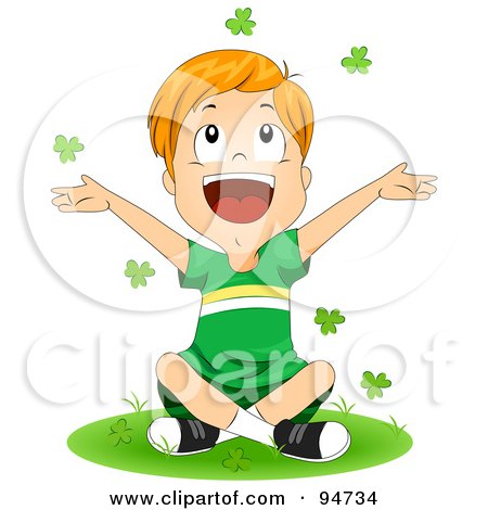 Royalty-Free (RF) Clipart Illustration of a Happy St Patricks Day Boy Sitting On Grass And Throwing Clovers Into The Air by BNP Design Studio
