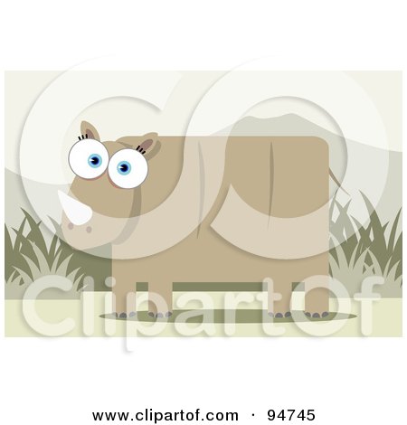 Royalty-Free (RF) Clipart Illustration of a Square Bodied Rhinoceros Near Grass And Mountains by Qiun