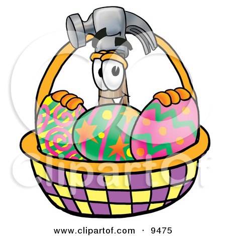 Clipart Picture of a Hammer Mascot Cartoon Character in an Easter Basket Full of Decorated Easter Eggs by Mascot Junction