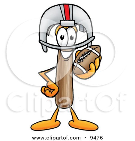 Clipart Picture of a Hammer Mascot Cartoon Character in a Helmet, Holding a Football by Mascot Junction