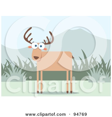 Royalty-Free (RF) Clipart Illustration of a Square Bodied Wild Deer Near Grass And Mountains by Qiun