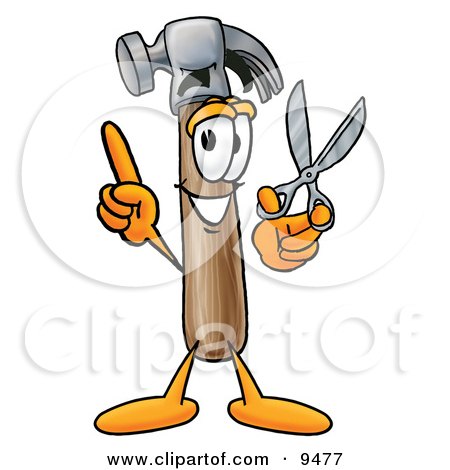 Clipart Picture of a Hammer Mascot Cartoon Character Holding a Pair of Scissors by Mascot Junction