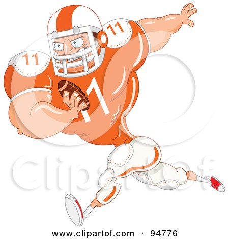 Royalty-Free (RF) Clipart Illustration of a Muscular Football Player In An Orange Uniform, Running With The Ball In Hand by yayayoyo