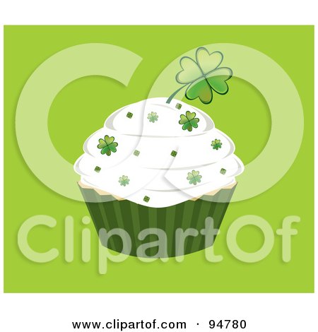 Royalty-Free (RF) Clipart Illustration of a Clover Sprinkles And A Shamrock On A St Patricks Day Cupcake With Vanilla Frosting by Randomway