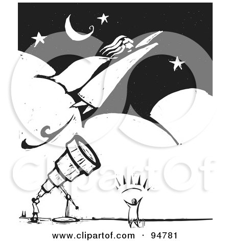 Royalty-Free (RF) Clipart Illustration of a Black And White Wood Carving Styled Astronomer Viewing A Super Woman Flying Through A Night Sky by xunantunich