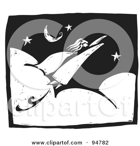 Royalty-Free (RF) Clipart Illustration of a Black And White Wood Carving Styled Super Woman Flying In A Starry Night Sky by xunantunich