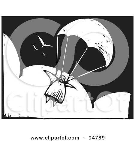Royalty-Free (RF) Clipart Illustration of a Black And White Wood Carving Styled Person Parachuting Through The Sky With Birds by xunantunich