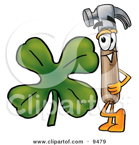 Clipart Picture of a Hammer Mascot Cartoon Character With a Green Four Leaf Clover on St Paddy's or St Patricks Day by Mascot Junction