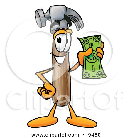 Clipart Picture of a Hammer Mascot Cartoon Character Holding a Dollar Bill by Mascot Junction