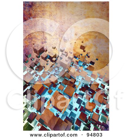 Royalty-Free (RF) Clipart Illustration of a Grungy Background Of 3d Rusty Floating Cubes by chrisroll