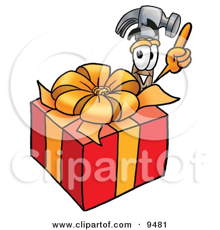 Clipart Picture of a Hammer Mascot Cartoon Character Standing by a Christmas Present by Mascot Junction