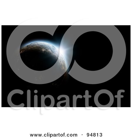 Royalty-Free (RF) Clipart Illustration of a Flare Of Rising Sunlight Gleaming Up On 3d Planet In The Blackness Of Space by chrisroll