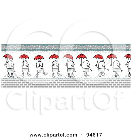 Royalty-Free (RF) Clipart Illustration of a Stick People Man Border Shown Walking In Rain Puddles With A Red Umbrella by NL shop