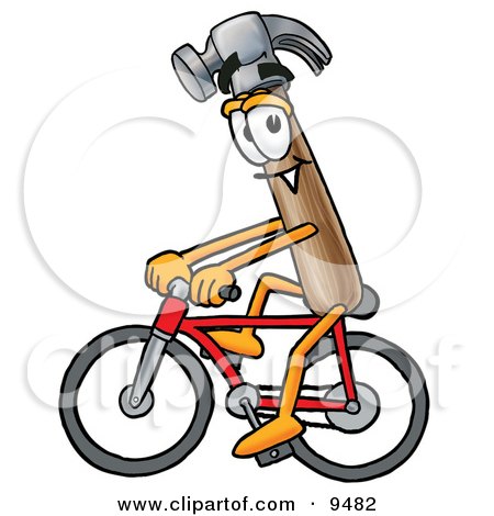 Clipart Picture of a Hammer Mascot Cartoon Character Riding a Bicycle by Mascot Junction