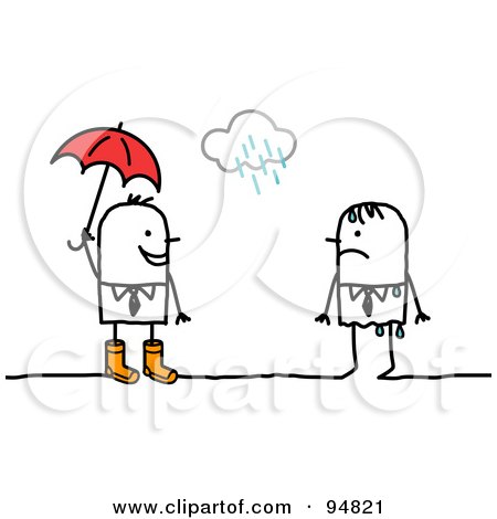 Royalty-Free (RF) Clipart Illustration of a Stick People Man Holding An Umbrella And Approaching A Wet Man by NL shop