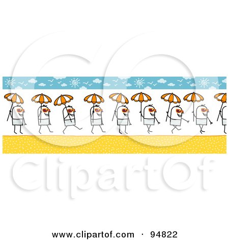 Royalty-Free (RF) Clipart Illustration of a Stick People Man Wearing Shades And Carrying An Umbrella On A Summer Beach by NL shop