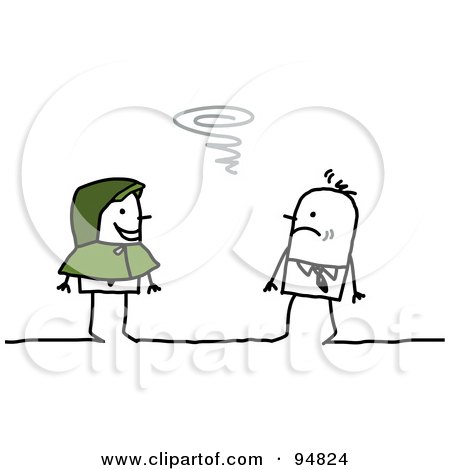 Royalty-Free (RF) Clipart Illustration of a Stick People Man Wearing A Windbreaker, Approaching A Cold Man On A Windy Day by NL shop