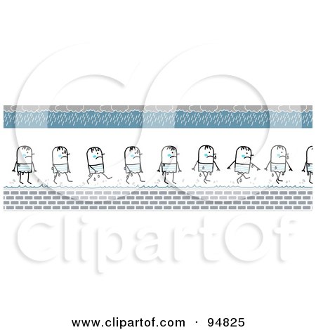 Royalty-Free (RF) Clipart Illustration of a Border Of A Soaking Wet Stick People Man Walking Through Puddles by NL shop
