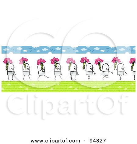 Royalty-Free (RF) Clipart Illustration of a Border Of A Stick People Man Carrying A Bouquet Of Spring Flowers by NL shop