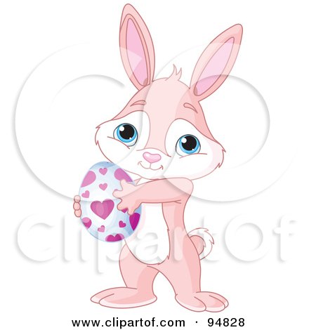 Royalty-Free (RF) Clipart Illustration of a Pink And White Girl Easter Bunny Carrying An Egg by Pushkin
