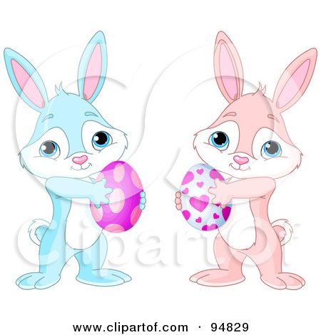 Royalty-Free (RF) Clipart Illustration of a Digital Collage Of Pink And Blue Easter Bunny Carrying Eggs by Pushkin