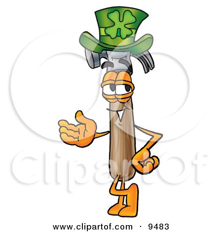 Clipart Picture of a Hammer Mascot Cartoon Character Wearing a Saint Patricks Day Hat With a Clover on it by Mascot Junction