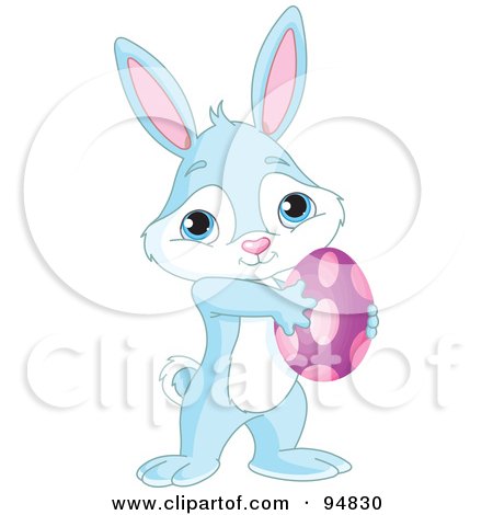 Royalty-Free (RF) Clipart Illustration of a Blue And White Boy Easter Bunny Carrying An Egg by Pushkin