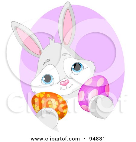 Royalty-Free (RF) Clipart Illustration of a Gray And White Easter Bunny Holding Two Eggs by Pushkin