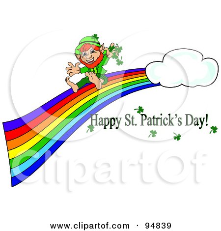 Royalty-Free (RF) Clipart Illustration of a Happy St Patricks Day Greeting Under A Leprechaun With Clovers, Sliding Down A Rainbow by Pams Clipart