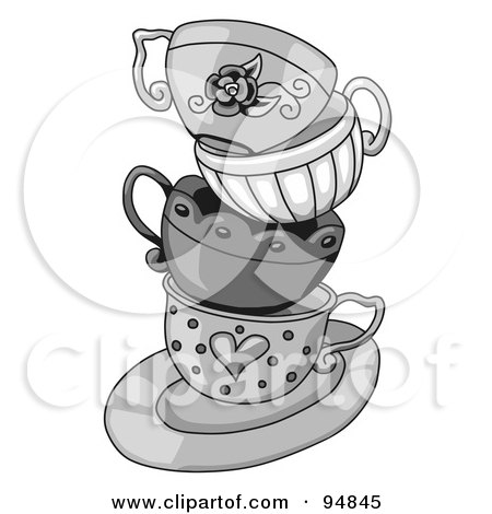 Royalty-Free (RF) Clipart Illustration of a Messy Stack Of Grayscale Tea Cups On A Saucer by C Charley-Franzwa