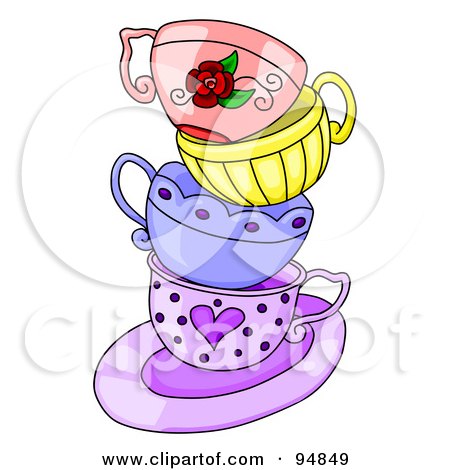 Royalty-Free (RF) Clipart Illustration of a Messy Stack Of Colorful Tea Cups On A Purple Saucer by C Charley-Franzwa