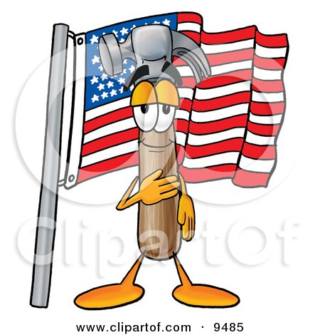 Clipart Picture of a Hammer Mascot Cartoon Character Pledging Allegiance to an American Flag by Mascot Junction