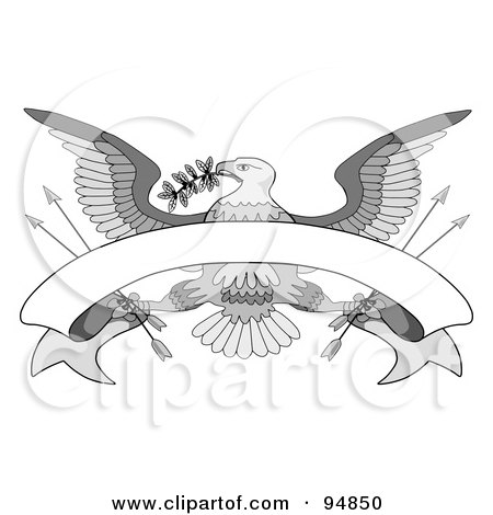Royalty-Free (RF) Clipart Illustration of a Grayscale Bald Eagle With A Branch, Arrows And Blank Banner by C Charley-Franzwa