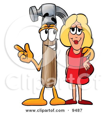 Clipart Picture of a Hammer Mascot Cartoon Character Talking to a Pretty Blond Woman by Mascot Junction