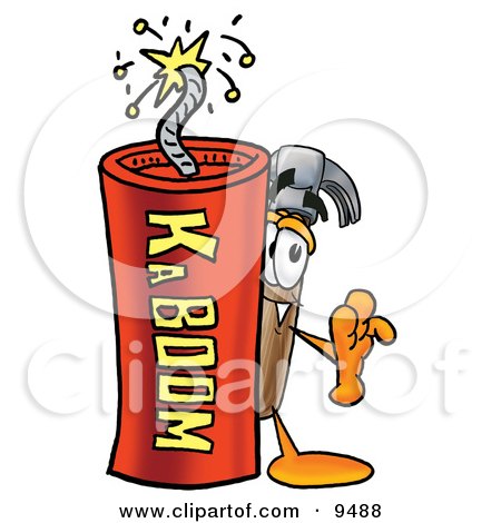 Clipart Picture of a Hammer Mascot Cartoon Character Standing With a Lit Stick of Dynamite by Mascot Junction