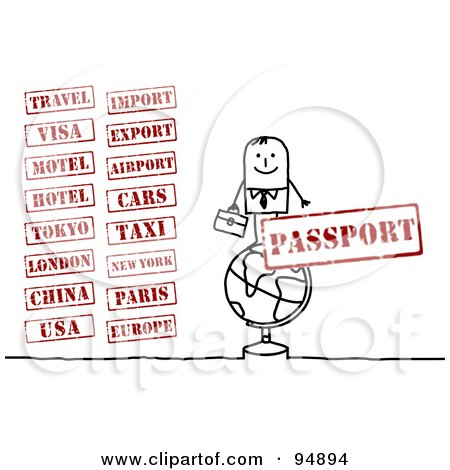 Royalty-Free (RF) Clipart Illustration of a Digital Collage Of A Stick People Businessman With Travel Stamps by NL shop
