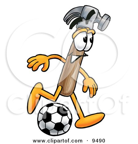Clipart Picture of a Hammer Mascot Cartoon Character Kicking a Soccer Ball by Mascot Junction