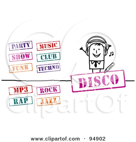 Royalty-Free (RF) Clipart Illustration of a Digital Collage Of A Stick People Businessman With Music Stamps by NL shop