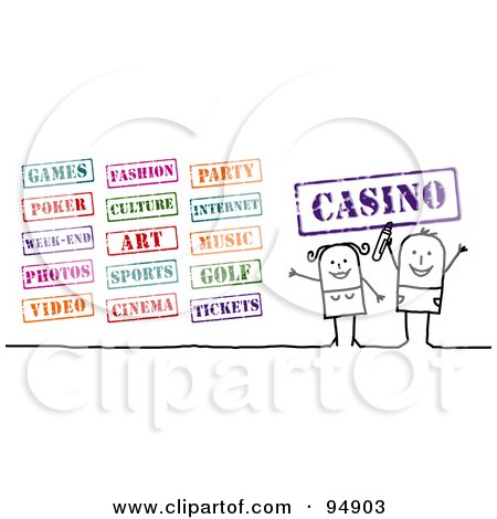 Royalty-Free (RF) Clipart Illustration of a Digital Collage Of A Stick People Couple With Entertainment Stamps by NL shop