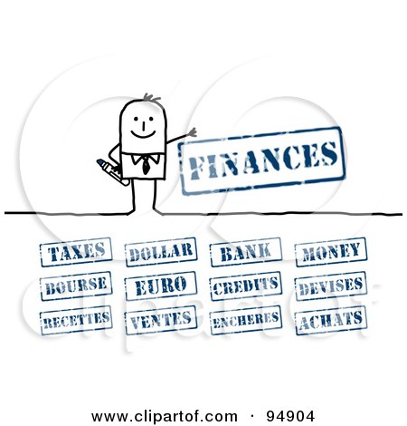 Royalty-Free (RF) Clipart Illustration of a Digital Collage Of A Stick People Businessman With Financial Stamps by NL shop
