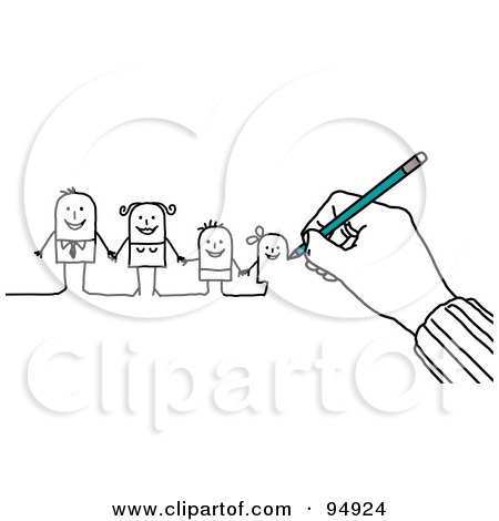 Royalty-Free (RF) Clipart Illustration of a Hand Drawing A Family Of Stick People With A Pencil by NL shop