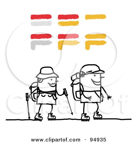 Royalty-Free (RF) Clipart Illustration of a Stick People Couple Hiking by NL shop
